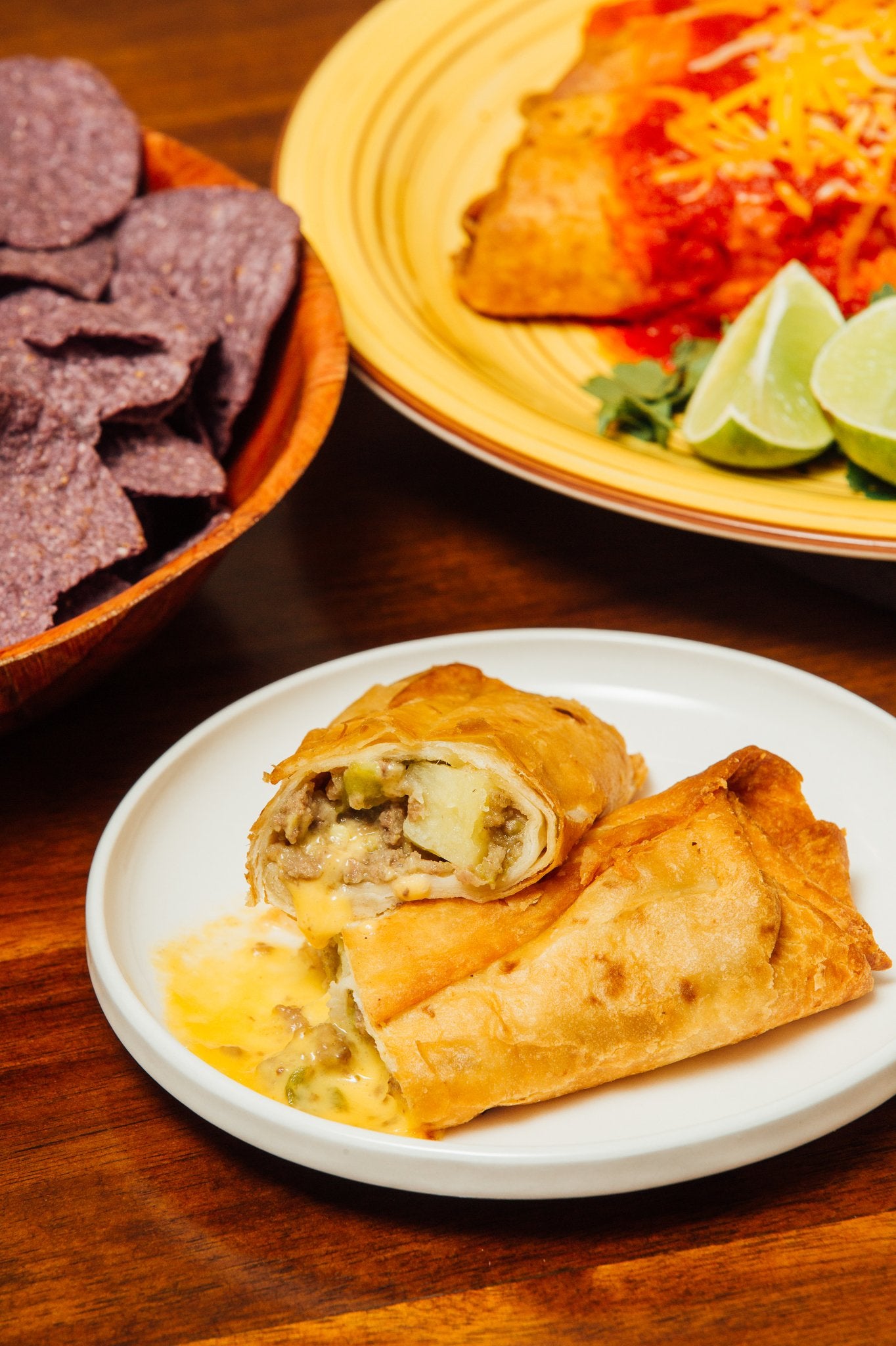 Beef and cheddar chimichangas